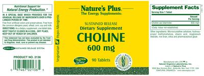 Photo of the Nature's Plus Choline 600 mg label