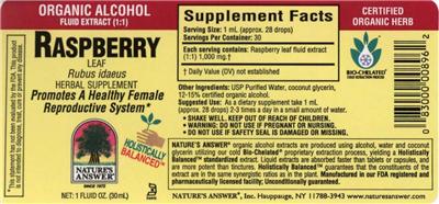 Photo of the Nature's Answer Raspberry Leaf Organic Alcohol label