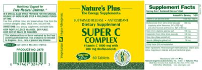 Photo of the Nature's Plus Sustained Release Super C Complex Vitamin C 1000 mg With 500 mg Bioflavonoids label