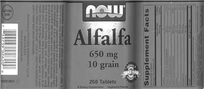 Photo of the NOW Alfalfa 650 mg 10 Grain label