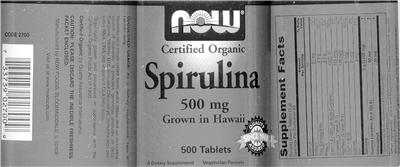 Photo of the NOW Certified Organic Spirulina 500 mg label