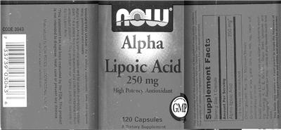 Photo of the NOW Alpha Lipoic Acid 250 mg label