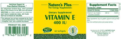 Photo of the Nature's Plus Vitamin E 400 IU label