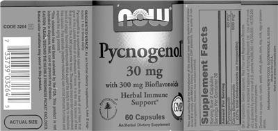 Photo of the NOW Pycnogenol 30 mg With 300 mg Bioflavonoids label