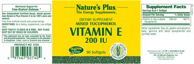 Photo of the Nature's Plus Mixed Tocopherol Vitamin E 200 IU label