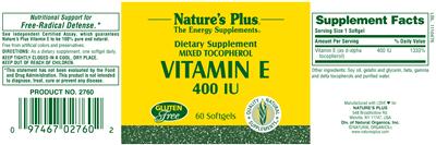 Photo of the Nature's Plus Mixed Tocopherol Vitamin E 400 IU label