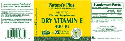 Photo of the Nature's Plus Dry Vitamin E 400 IU label