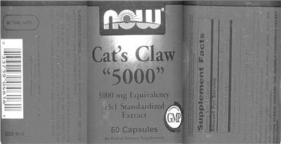 Photo of the NOW Cat's Claw 5000 label
