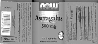 Photo of the NOW Astragalus 500 mg label