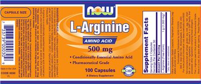 Photo of the NOW L-Arginine Amino Acid 500 mg label