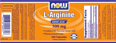 Photo of the NOW L-Arginine Amino Acid 500 mg label