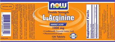 Photo of the NOW Double Strength L-Arginine Amino Acid 1000 mg label