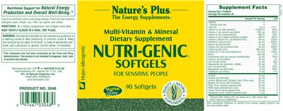 Photo of the Nature's Plus Nutri-Genic Softgels For Sensitive People label