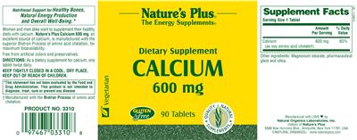 Photo of the Nature's Plus Calcium 600 mg label