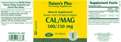 Photo of the Nature's Plus Amino Acid Chelate/Complex Cal/Mag 500/250 mg label