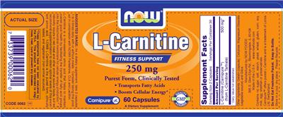 Photo of the NOW L-Carnitine 250 mg label