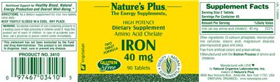 Photo of the Nature's Plus High Potency Amino Acid Chelate Iron 40 mg label