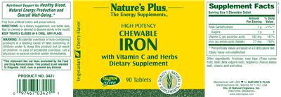 Photo of the Nature's Plus High Potency Chewable Iron Cherry Flavor label