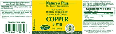 Photo of the Nature's Plus High Potency Amino Acid Chelate Copper 3 mg label