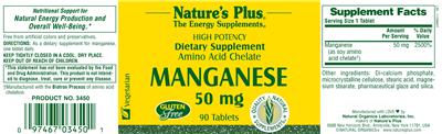 Photo of the Nature's Plus High Potency Amino Acid Chelate Manganese 50 mg label