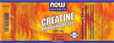 Photo of the NOW Sports Creatine Monohydrate 1500 mg label