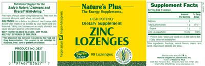 Photo of the Nature's Plus High Potency Zinc Lozenges label