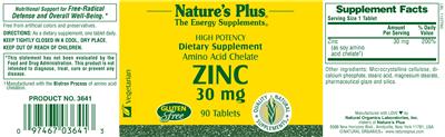 Photo of the Nature's Plus High Potency Amino Acid Chelate Zinc 30 mg label