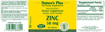 Photo of the Nature's Plus High Potency Amino Acid Chelate Zinc 50 mg label