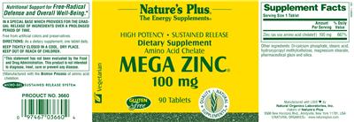 Photo of the Nature's Plus High Potency Sustained Release Amino Acid Chelate Mega Zinc 100 mg label