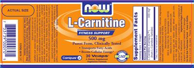 Photo of the NOW L-Carnitine 500 mg label