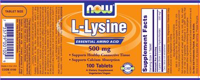 Photo of the NOW L-Lysine 500 mg label