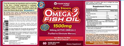 Photo of the Vitamin World Extra Strength Omega-3 Fish Oil 1500 mg label