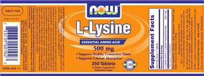 Photo of the NOW L-Lysine 500 mg label