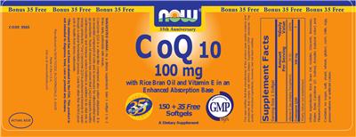 Photo of the NOW CoQ10 100 mg With Rice Bran Oil And Vitamin E In An Enhanced Absorption Base label