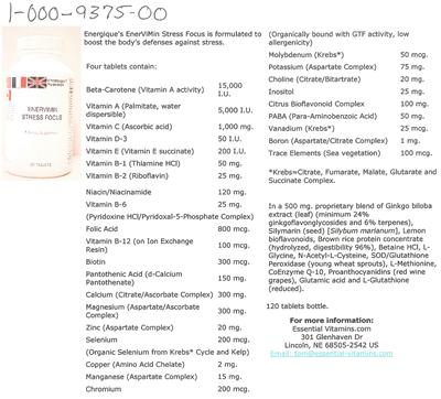 Photo of the Energique Nutrition Enervimin Stress Focus label