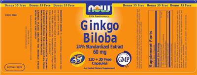 Photo of the NOW Ginkgo Biloba 24% Standardized Extract 60 mg label
