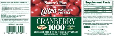 Photo of the Nature's Plus Ultra Maximum Potency Cranberry 1000 label