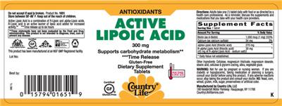 Photo of the Country Life Active Lipoic Acid 300 mg label