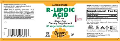 Photo of the Country Life R-Lipoic Acid 100 mg label