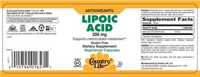 Photo of the Country Life Lipoic Acid 200 mg label