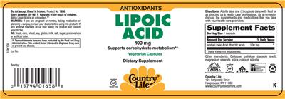 Photo of the Country Life Lipoic Acid 100 mg label