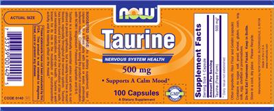 Photo of the NOW Taurine 500 mg label