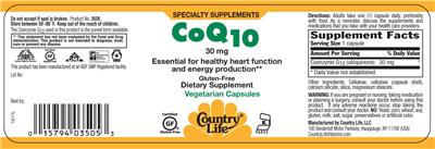 Photo of the Country Life CoQ10 30 mg label