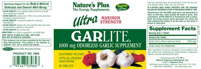 Photo of the Nature's Plus Ultra Maximum Strength Garlite label