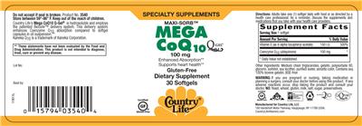 Photo of the Country Life Mega CoQ10 100 mg label