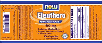 Photo of the NOW Eleuthero 500 mg label