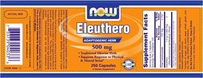 Photo of the NOW Eleuthero 500 mg label