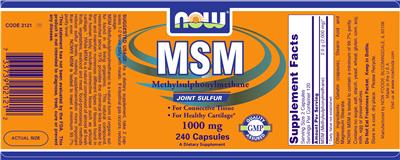 Photo of the NOW MSM Methylsulphonylmethane Joint Sulfur 1000 mg label