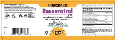 Photo of the Country Life Resveratrol Plus label
