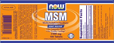 Photo of the NOW MSM Methylsulphonylmethane Joint Sulfur 1500 mg label